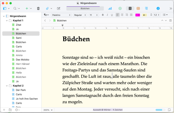 Klasische Ansicht eines Romans in Scrivener