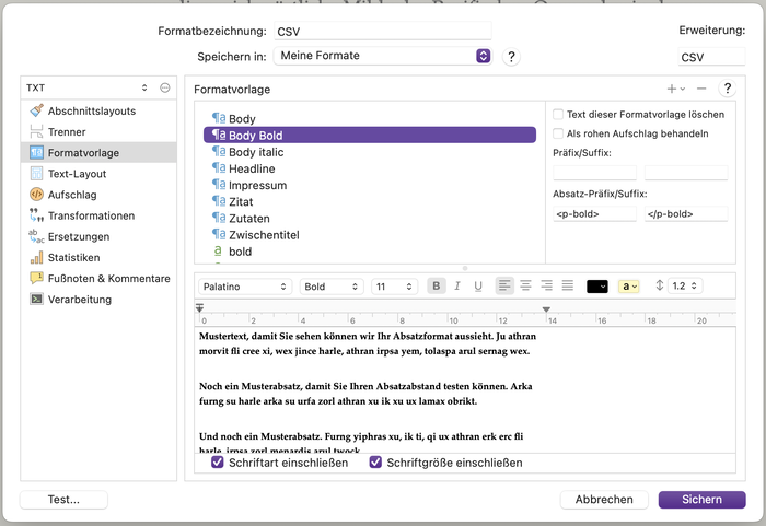 Export-Einstellungen . Vergabe von Prefix und Suffix zur Auszeichnung