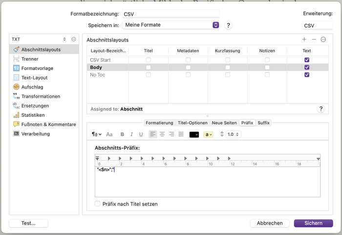 Abschnitt-Einstellungen für die CSV-Ausgabe