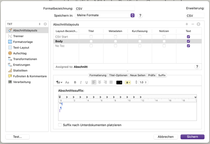 Abschnitt-Einstellungen für die CSV-Ausgabe